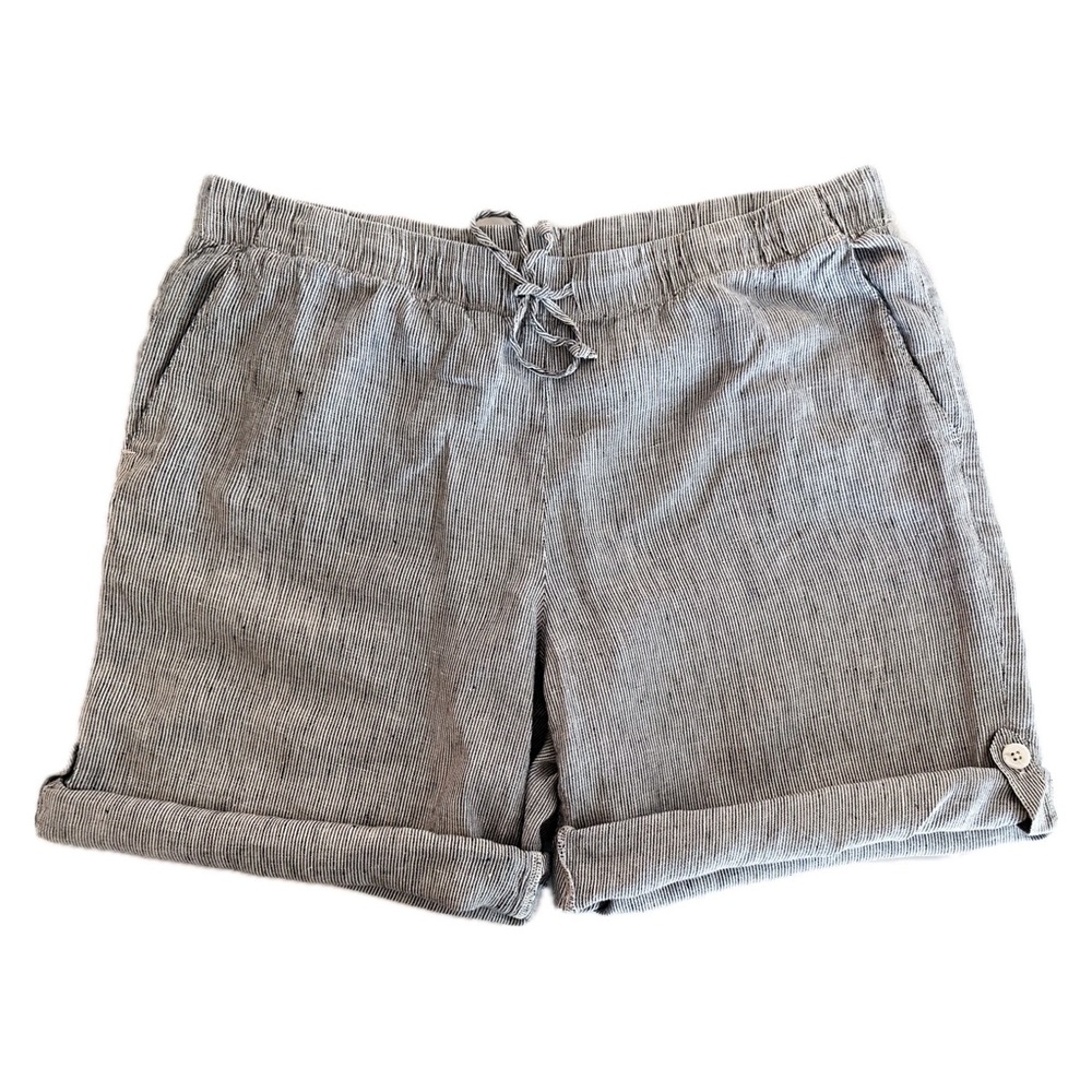 J. Jill Navy Blue and White Pinstripe Linen Elastic Waist Drawstring Shorts M